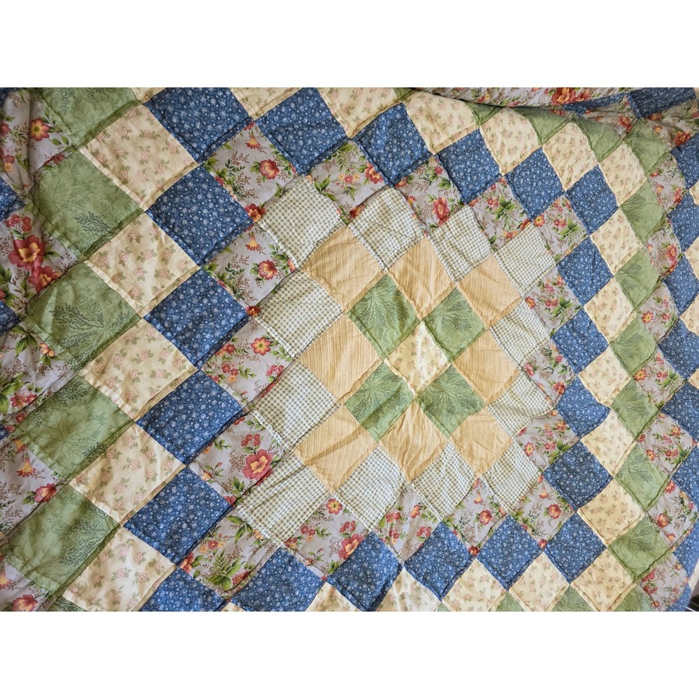 Handmade Patchwork Quilt Floral Gingham Blue Green Yellow Sawtooth Border 81x78 - Picture 4 of 10